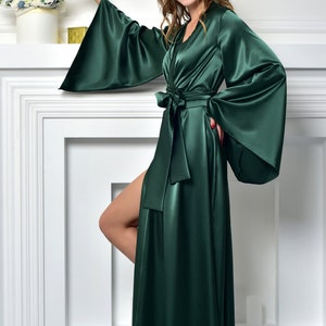 Aqua blue bridal robe Long satin kimono robe for bride Bridal shower gift for sister Bridesmaid dressing gown Satin robes for women 15 dark green