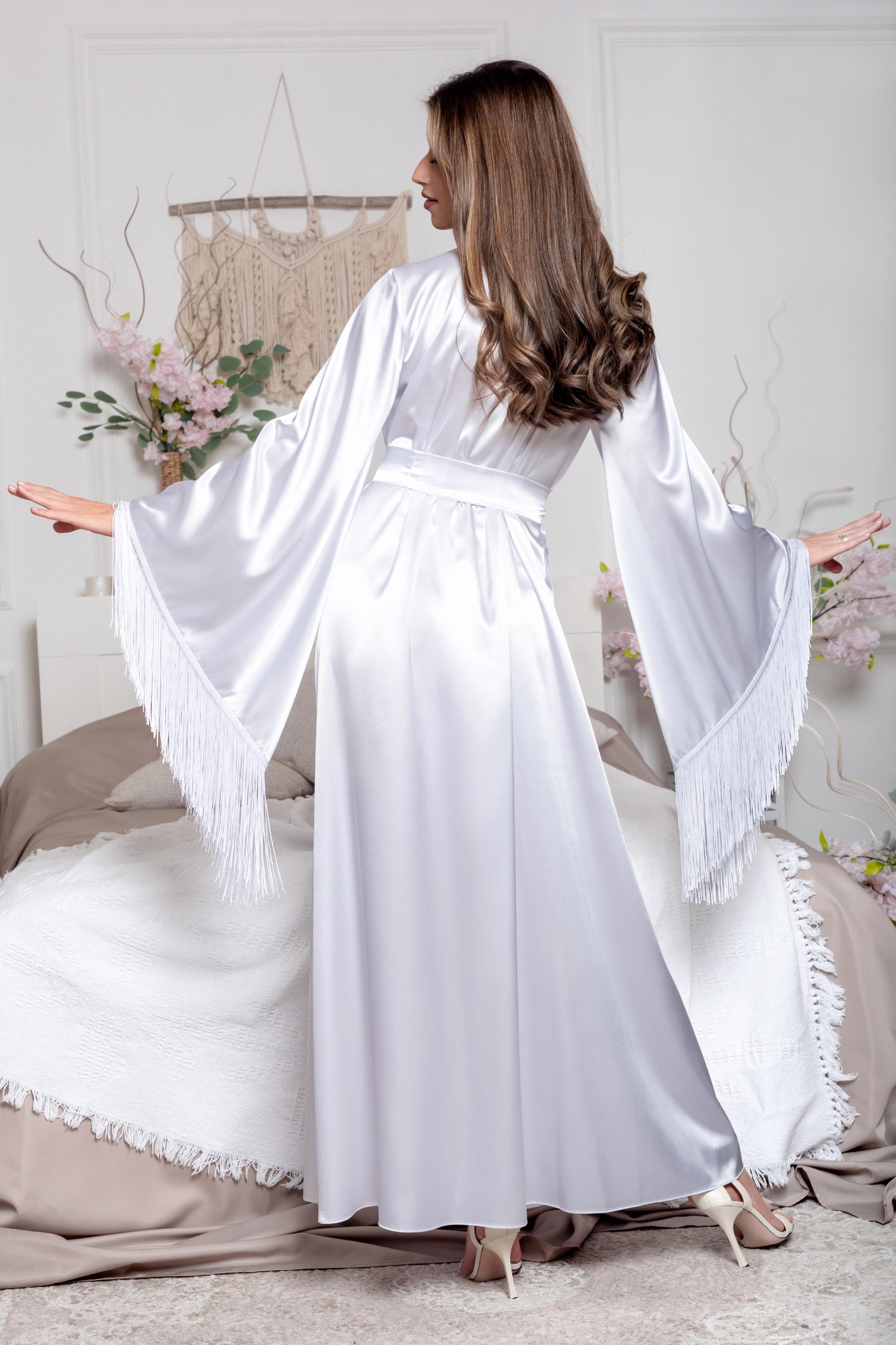 Long White Fringed Bridal Robe Full Length Wedding Kimono With Thrum ...