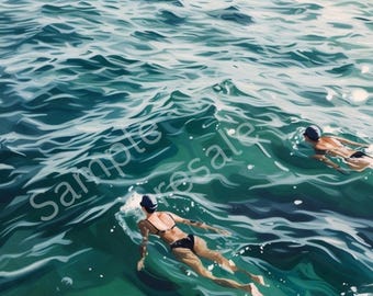 Vista aérea de nadadores en el océano: impresión digital de arte mural de playa de verano, ilustración de natación costera en el océano, decoración costera bohemia moderna