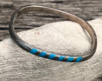Vintage Taxco Mexico TL-10 925 Sterling Silver Turquoise Color Inlay Bangle Bracelet MARKED