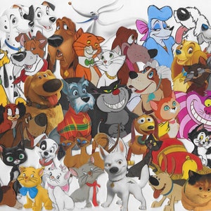 May include: A colorful illustration featuring a variety of cartoon dogs and cats. The characters are from popular Disney movies, including Lady and the Tramp, 101 Dalmatians, and The Aristocats. The illustration is a fun and whimsical depiction of these beloved characters.