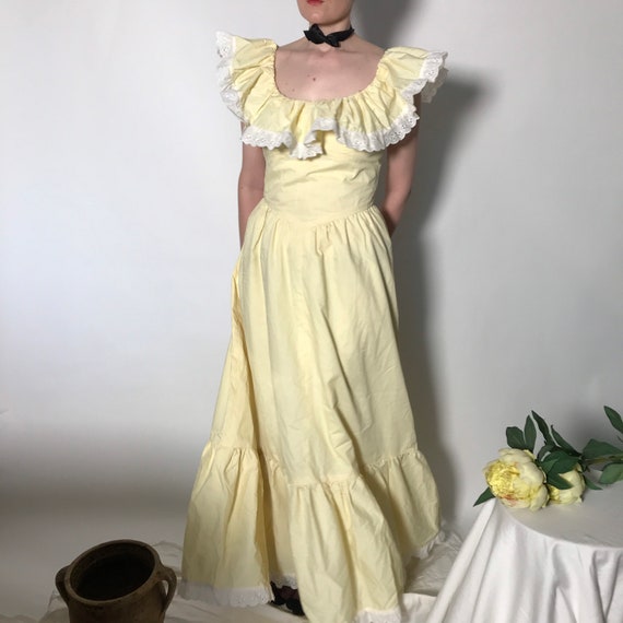 Vintage 1960s Yellow Lemon Ruffle Cotton Maxi Dres