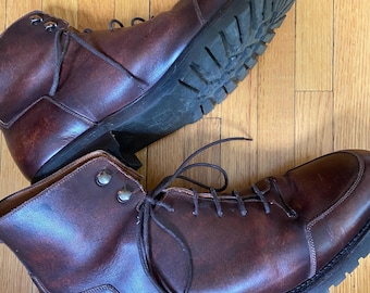 Handmade Brown Leather Men’s Boots – Vintage Lace-Up Ankle Boots – Rugged Lug Sole – Approx. Size 10