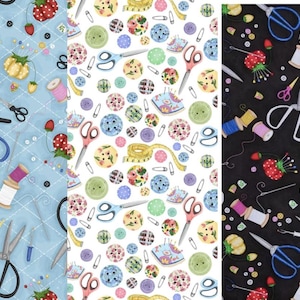 May include: A repeating pattern featuring sewing notions on three different backgrounds: light blue, white, and black. The design includes scissors, spools of thread, buttons, strawberries, and pin cushions, creating a craft-themed aesthetic.