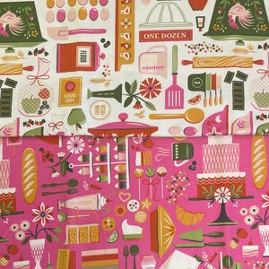 May include: A colorful fabric with a repeating pattern of kitchen-themed illustrations. The design includes images of baking tools, cakes, roosters, and the text "ONE DOZEN" and "FLOUR". The color palette features pink, white, green, orange, and brown.
