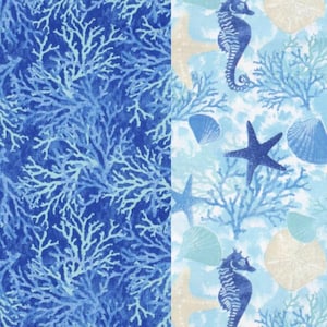 Fabric FQ Fat Quarter Set 2 Ocean Beach Blue Coral Seahorse Starfish Seashells 100% Cotton NEW