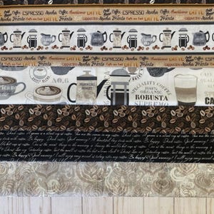 May include: A colorful fabric with a coffee theme. The fabric features a repeating pattern of coffee beans, coffee cups, and coffee makers. The fabric also includes the text "Morning Roast", "Specialty Coffee", and "Robusta Supremo".
