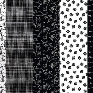 May include: A collection of black and white cat-themed patterns. The patterns include cat faces with bow ties, a grid, cat silhouettes, paw prints, and the word "meow" in a handwritten style. These patterns are suitable for various craft projects.