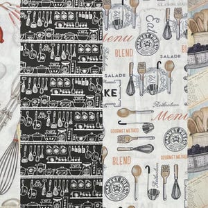 May include: A collage of kitchen-themed fabric patterns. One features black and white kitchen utensils, another has text like "Menu" and "Blend", and the last shows baking tools and recipes. Colors include white, black, and various shades of brown.
