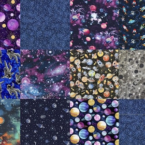 May include: A collection of space-themed fabric swatches. Designs include planets, stars, astronauts, rockets, and galaxies in various colors like purple, blue, and black. The fabrics feature a variety of patterns and illustrations.