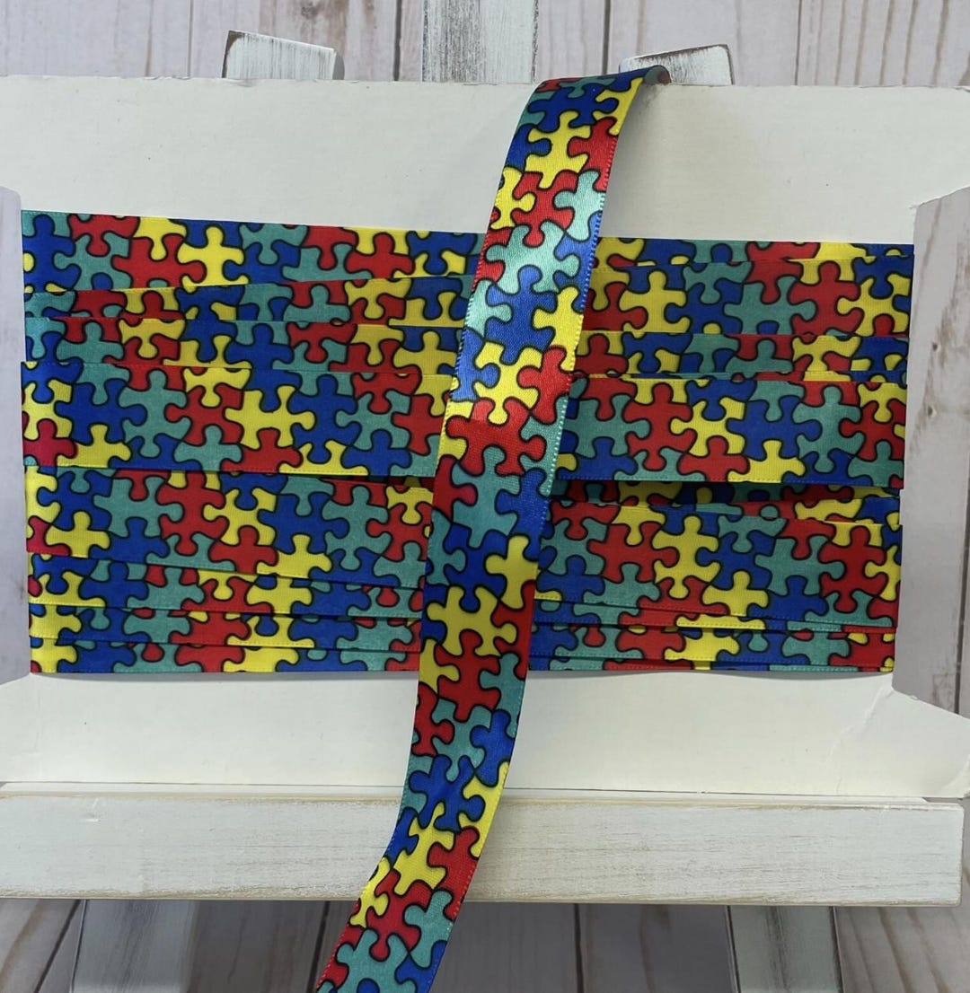Autism Awareness Jigsaw Puzzle Pieces Bright Colors Ribbon 7/8" Satin 4 ...