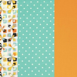 May include: Three vertical fabric panels displayed side by side. The left panel features a repeating geometric star pattern in yellow, orange, teal, and black on a white background. The center panel is teal with white polka dots. The right is solid orange.