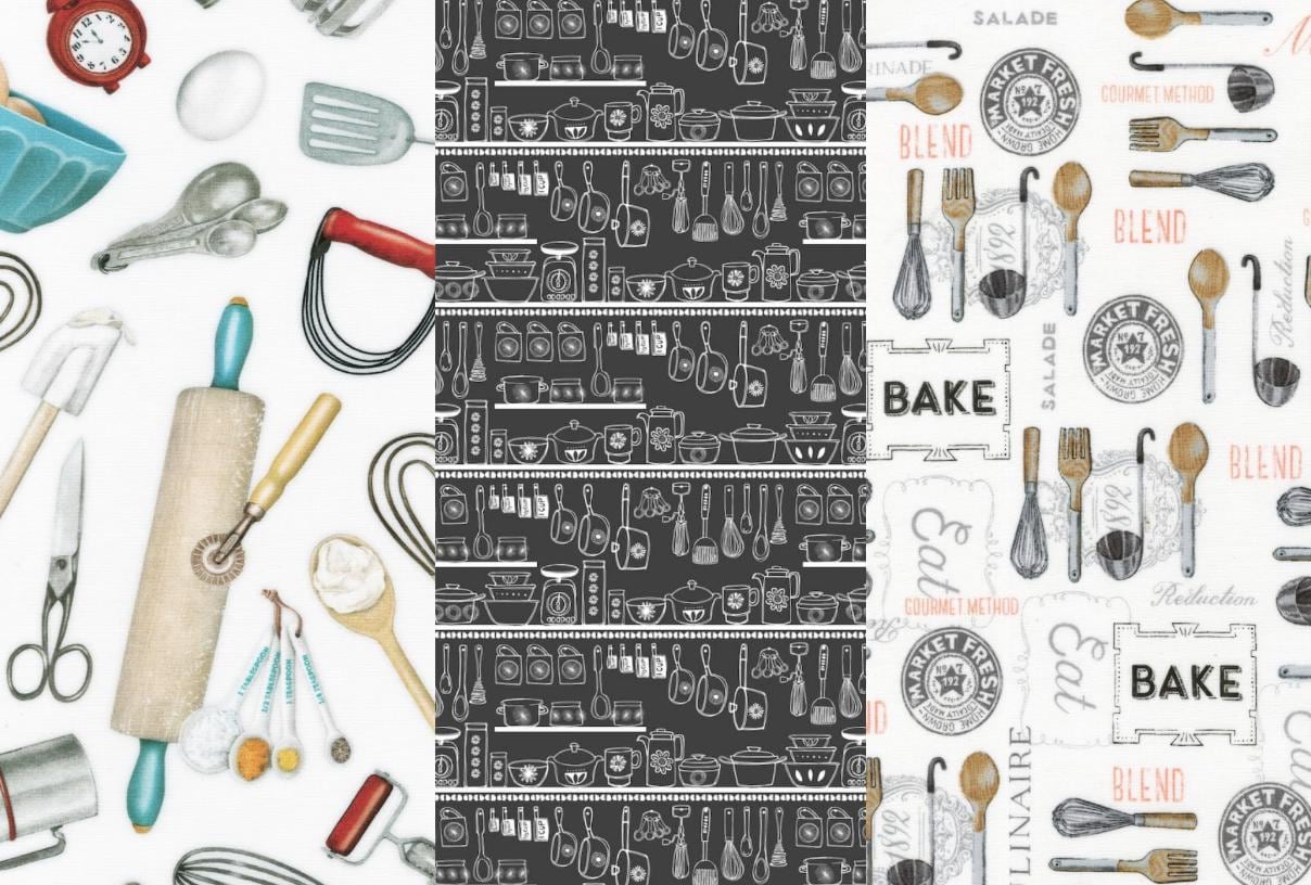Fabric 3 Fat Quarters FQ Quilt 100% Cotton Kitchen Baking Novelty Utensils NEW product image