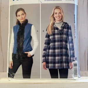 May include: A sewing pattern for a vest and a jacket. The vest is blue with a black fur trim. The jacket is plaid with a black zipper. The pattern is called "Kwik Sew" and the number is K4254. The pattern is for misses sizes XS-S-M-L-XL.