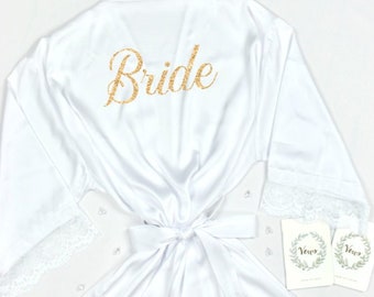 Silk Satin Bridal Robe: Lace Trim, Personalized Wedding Robe