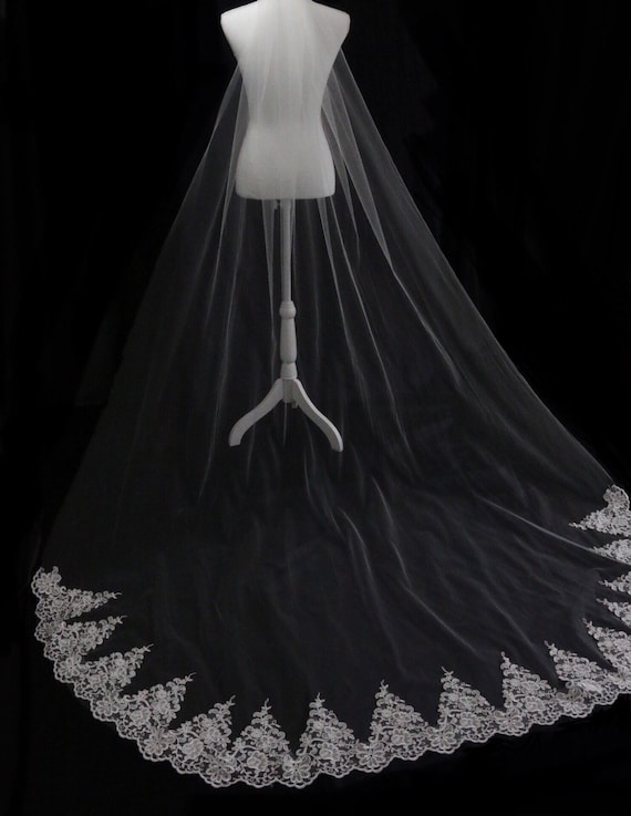 Cathedral Veil, Lace Wedding Veil, Cathedral Lace Veil, Diamond White wedding Veil, Bridal Veil, Partial Lace Veil, Long Wedding Veil, Veils