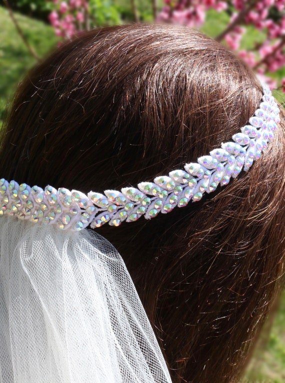 Swarovski Crystal Wedding Tiara Veil, Bridal Hairpiece, Headband Fingertip Veil, Cathedral Veil, Chapel Veil