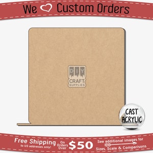 May include: A brown square piece of wood with rounded corners. The wood has a DIY Craft Supplies logo on it. The wood is sitting on a white surface. The text "CAST ACRYLIC" is on a clear sphere.