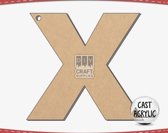 May include: A brown wooden letter X with a hole at the top. The letter is cut out of a sheet of wood and has a grey outline. The letter is on a white background. The text "DIY CRAFT SUPPLIES" is visible in the image. The text "CAST ACRYLIC" is also visible in the image.