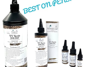 May include: Four bottles of UV resin skim coat in different sizes, ranging from 1.5 oz to 350 oz. The bottles are clear and show the resin inside. The bottles are labeled with the text "UV Resin Skim Coat" and "Hard Type". The bottles are on a white background with a blue glitter pen in the foreground. The text "BEST ON PENS!" is written in blue letters on a white background.