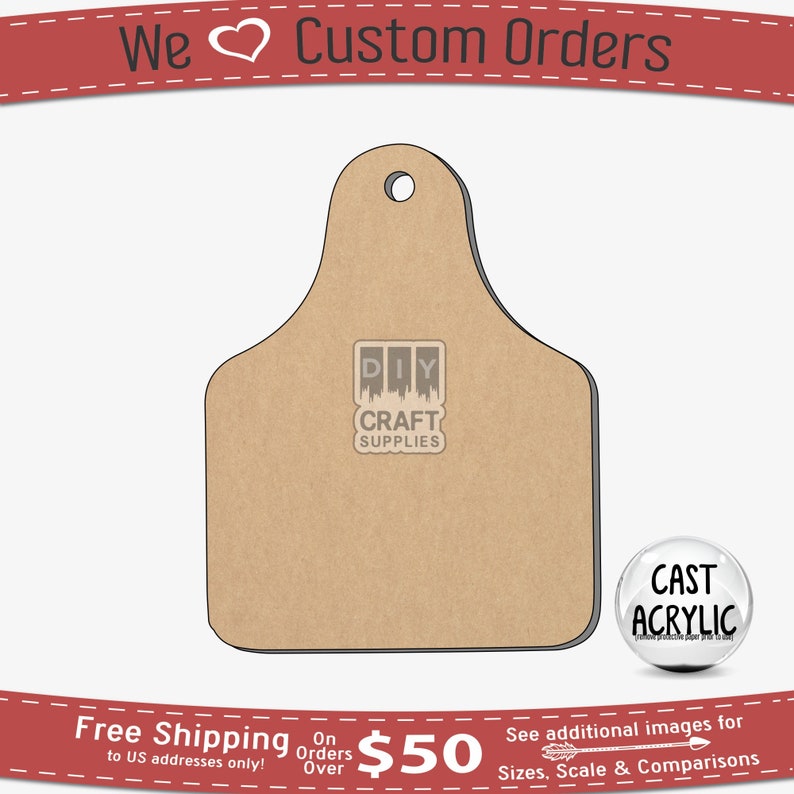 May include: A brown, unfinished, wooden cutout of a cow tag with a hole at the top. The cutout is on a white background. The text "DIY CRAFT SUPPLIES" is printed on the cutout. The text "CAST ACRYLIC" is printed on a white sphere with a black outline.