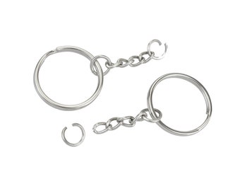 Ten (10) - Silver Key Chain Rings with Attached Chain, 1 Inch Split Key Chain Ring, 25mm Split Key Ring Chain, Keychain FOB, Split Key Ring