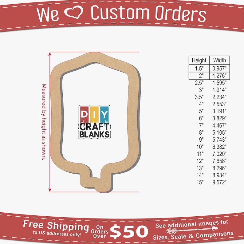 May include: A wooden craft blank shaped like an IV bag with a rounded top and a curved bottom. The blank is 15 inches tall and 9.572 inches wide. The blank is labeled "DIY CRAFT BLANKS".