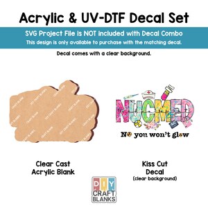 May include: A set of two craft items for creating a custom sign. A clear cast acrylic blank in the shape of a hand with the text "DIY CRAFT BLANKS" printed on it. A kiss cut decal with a colourful design that says "NUCMED No you won't glow".