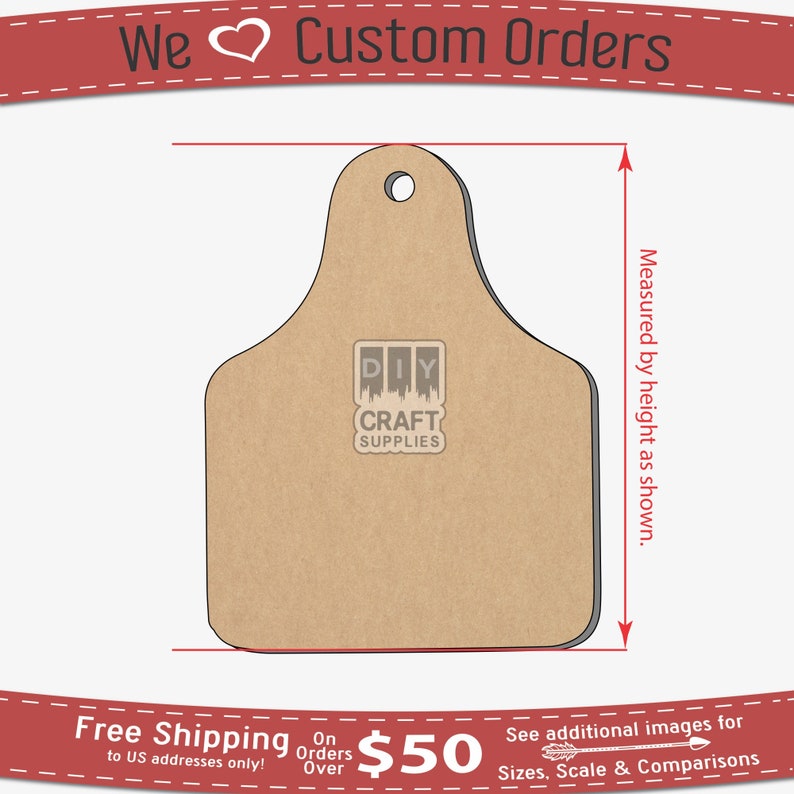 May include: A brown wooden cutout of a cow tag with a hole at the top. The tag is approximately 6 inches tall and 4 inches wide. The tag is made of unfinished wood and is ready to be painted or stained. The tag is perfect for crafting projects, such as making ornaments, keychains, or gift tags.