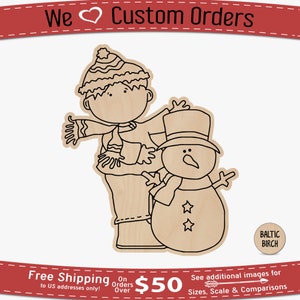 Boy and His Snowman - Laser Cut Out Unfinished Wood Shape, Craft Blank, Paintable Wood, Wood Shape Cutout, Paint by Line Wood Shape