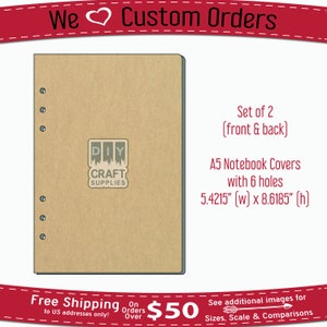 May include: Set of two brown A5 notebook covers with six holes. The covers are 5.4215 inches wide by 8.6185 inches high. The covers have a DIY Craft Supplies logo in the center.