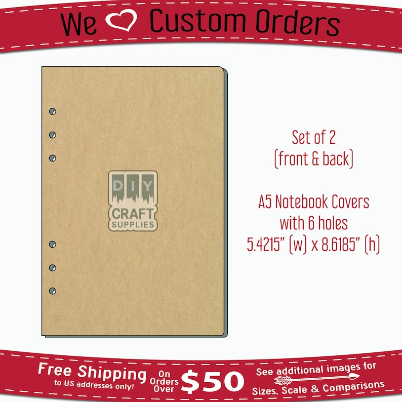 May include: Set of two brown A5 notebook covers with six holes. The covers are 5.4215 inches wide by 8.6185 inches high. The covers have a DIY Craft Supplies logo in the center.