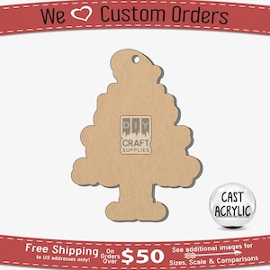 May include: A brown wooden cutout of a Christmas tree with a hole at the top for hanging. The tree is shaped like a traditional Christmas tree with a star at the top. The cutout is made by DIY Craft Supplies.