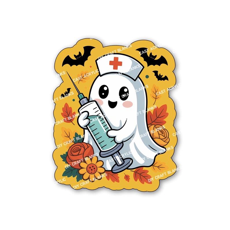 May include: A cartoon ghost in a nurse's hat with a red cross, holding a syringe. The design features bats, autumn leaves, and flowers on a yellow background. The words "DIY CRAFT BLANKS" are visible.
