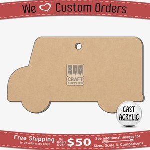 May include: A brown cardboard cutout of a delivery truck with a hole at the top for hanging. The truck has the words "DIY CRAFT SUPPLIES" printed on the side. The image also includes the text "Free Shipping on orders over $50 to US addresses only!" and "See additional images for Sizes, Scale & Comparisons".