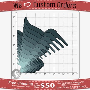 May include: A chart showing the size comparison of hummingbird silhouettes in various sizes from 1 inch to 6 inches. The chart is on a white background with black grid lines. The chart is labeled with inches on the left side and inches on the bottom.