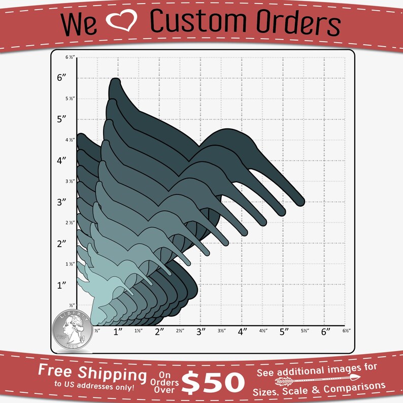 May include: A chart showing the size comparison of hummingbird silhouettes in various sizes from 1 inch to 6 inches. The chart is on a white background with black grid lines. The chart is labeled with inches on the left side and inches on the bottom.