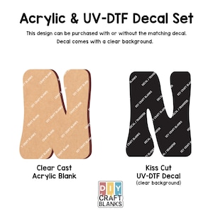 May include: A set of two "N" letters, one is a brown acrylic blank and the other is a black UV-DTF decal. The decal has a clear background. The text "DIY CRAFT BLANKS" is printed in the bottom center of the image.