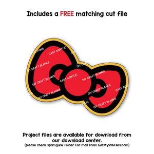 Puede incluir: Un lazo rojo y negro estilo Hello Kitty con las palabras "DIY Craft Blanks" y "Cast Acrylic" repetidas alrededor del contorno. El texto está en amarillo.