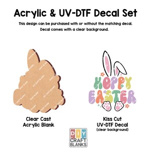 May include: A set of two Easter-themed crafts. A brown wooden bunny cutout with the words "DIY CRAFT BLANKS" printed on it. A colourful UV-DTF decal with the words "Hoppy Easter" and a bunny with bunny ears.
