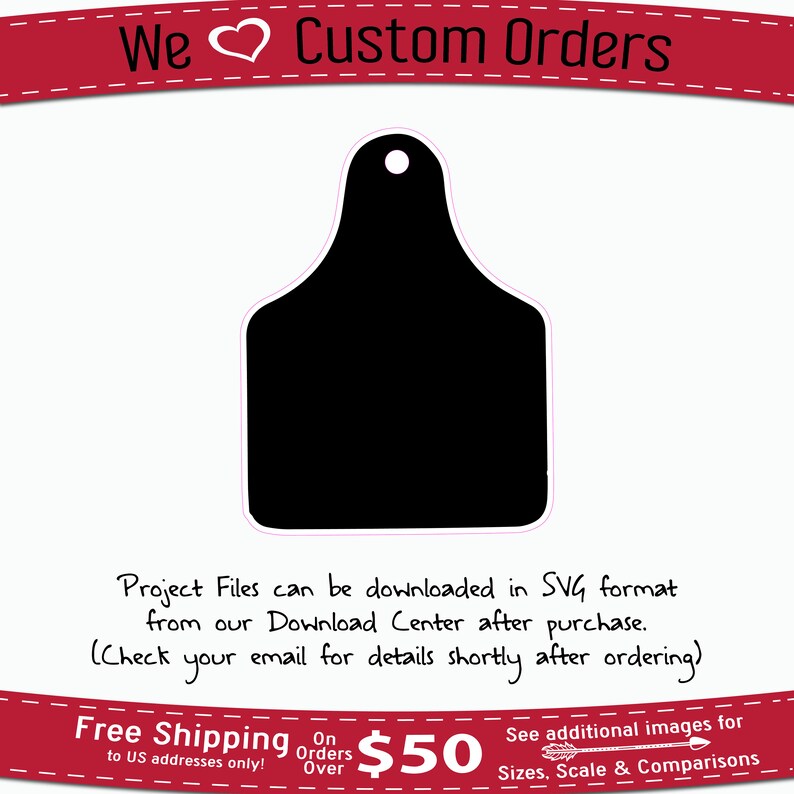May include: Black silhouette of a livestock ear tag, a common tool for identification and tracking of animals. The tag is a simple, rectangular shape with a rounded top and a small hole at the top. The image is set against a white background.