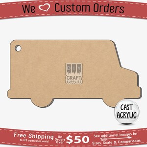 May include: A brown wooden cutout of a delivery truck with a hole in the top for hanging. The truck is outlined in black and has a white "DIY CRAFT SUPPLIES" logo in the center. The truck is on a white background. Free shipping on orders over $50 to US addresses only.