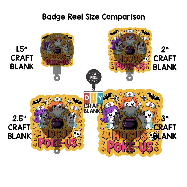 Peut inclure: Comparaison de tailles de porte-badges, avec quatre supports vierges d&eacute;cor&eacute;s sur le th&egrave;me d'Halloween. Les motifs incluent des fant&ocirc;mes, des chaudrons et le texte "Hocus Poke-Us". Les tailles varient de 3,8 cm &agrave; 7,6 cm de diam&egrave;tre.