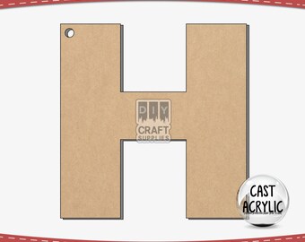 May include: A brown wooden letter H with a hole at the top. The letter is on a white background. The text "DIY CRAFT SUPPLIES" is visible in the image. The text "CAST ACRYLIC" is also visible in the image.