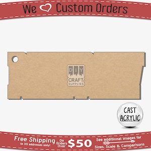 May include: A brown, rectangular piece of acrylic with a hole in the top left corner. The acrylic is cut with a decorative edge. The text "DIY CRAFT SUPPLIES" is printed in gray on the acrylic. The text "CAST ACRYLIC" is printed in white on a gray circle.