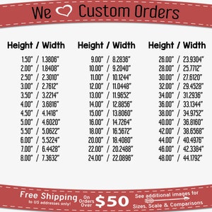 May include: A chart showing different height and width measurements in inches for custom orders. The chart is divided into three columns, each with a heading of "Height / Width". The measurements are listed in increments of 0.5 inches for heights from 1.50 inches to 8.00 inches, and in increments of 1 inch for heights from 9.00 inches to 48.00 inches. The corresponding widths are listed in decimal inches.