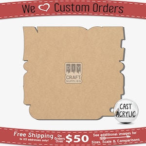 May include: A brown wooden cutout of the word "Welcome" with a decorative scalloped edge. The cutout is on a brown background with a white logo that says "DIY Craft Supplies". There is a small silver circle with the words "Cast Acrylic" in black text.