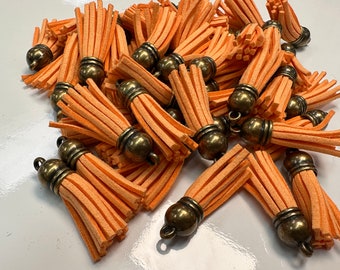 Orange Faux Suede Leather Tassels with Silver Cap (38mm)