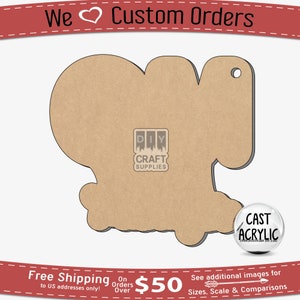 May include: A brown wooden cutout of the word "Mom" with a hole at the top for hanging. The cutout is on a white background. The text "DIY Craft Supplies" is visible in the lower left corner of the image. The text "Cast Acrylic" is visible in the lower right corner of the image.