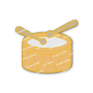May include: A yellow drum with drumsticks, a DIY craft blank made of cast acrylic. The drum has a white interior and is surrounded by a yellow frame. The drumsticks are light brown. The words "DIY CRAFT BLANKS" and "CAST ACRYLIC" are printed on the drum.